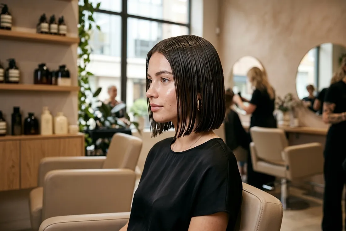 detail, fresh blunt bob, wet-shine finish
