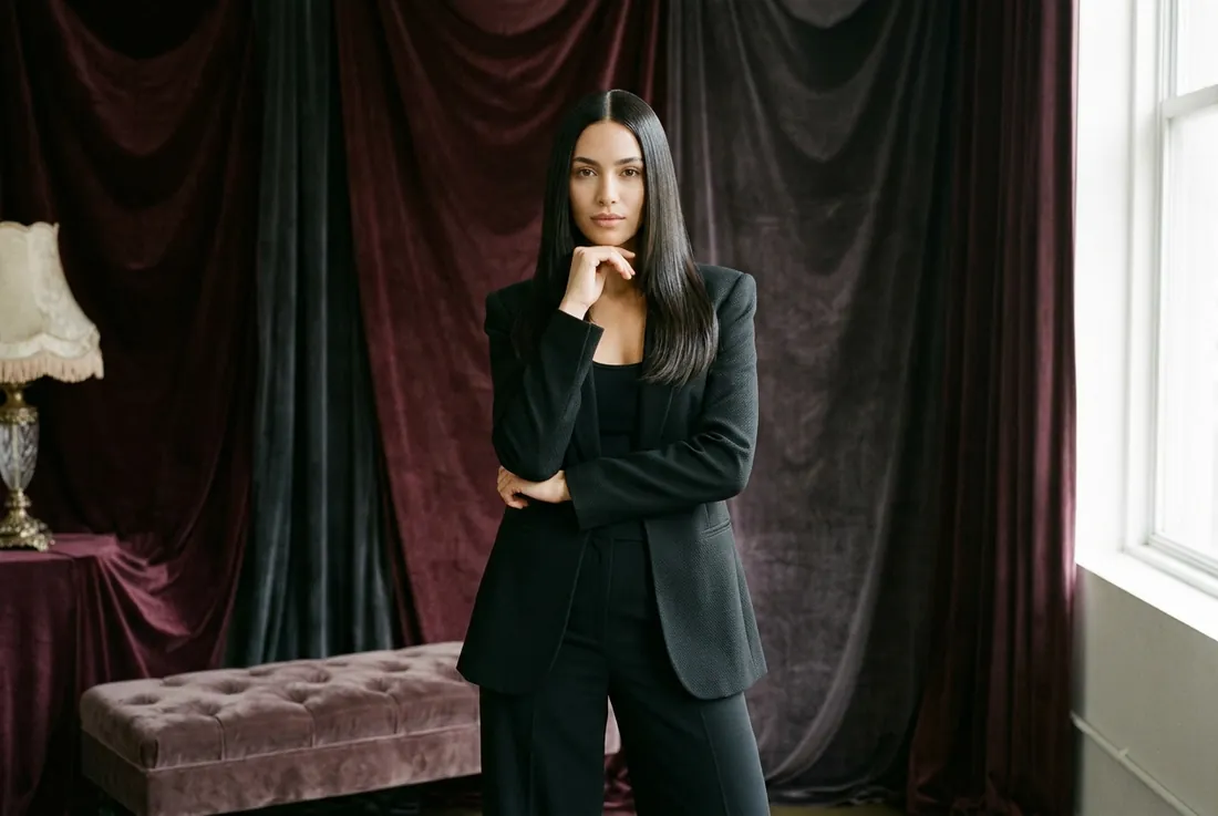 editorial, sleek center-part, high-shine, full-length on velvet
