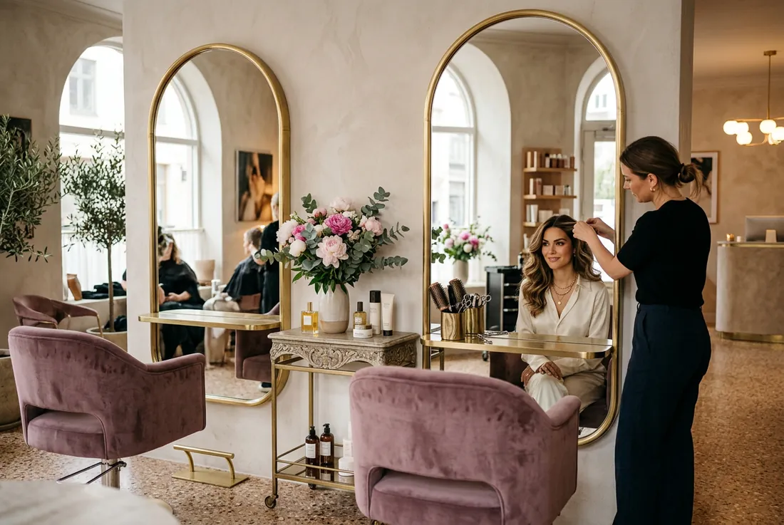 interior, warm atelier with arched mirrors, terrazzo floor, fresh peonies, mauve velvet chairs