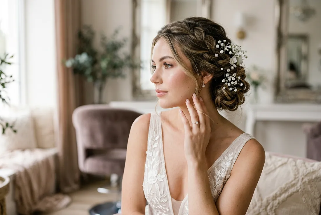 recent look, bridal updo, baby’s-breath detail
