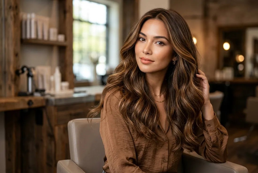 recent look, glossy chestnut balayage, blown-out waves