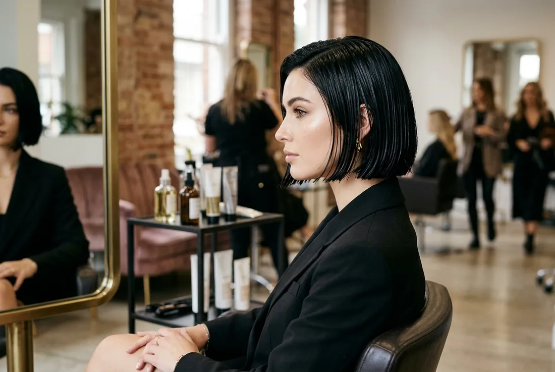 recent look, sleek ink-black bob, wet-shine finish
