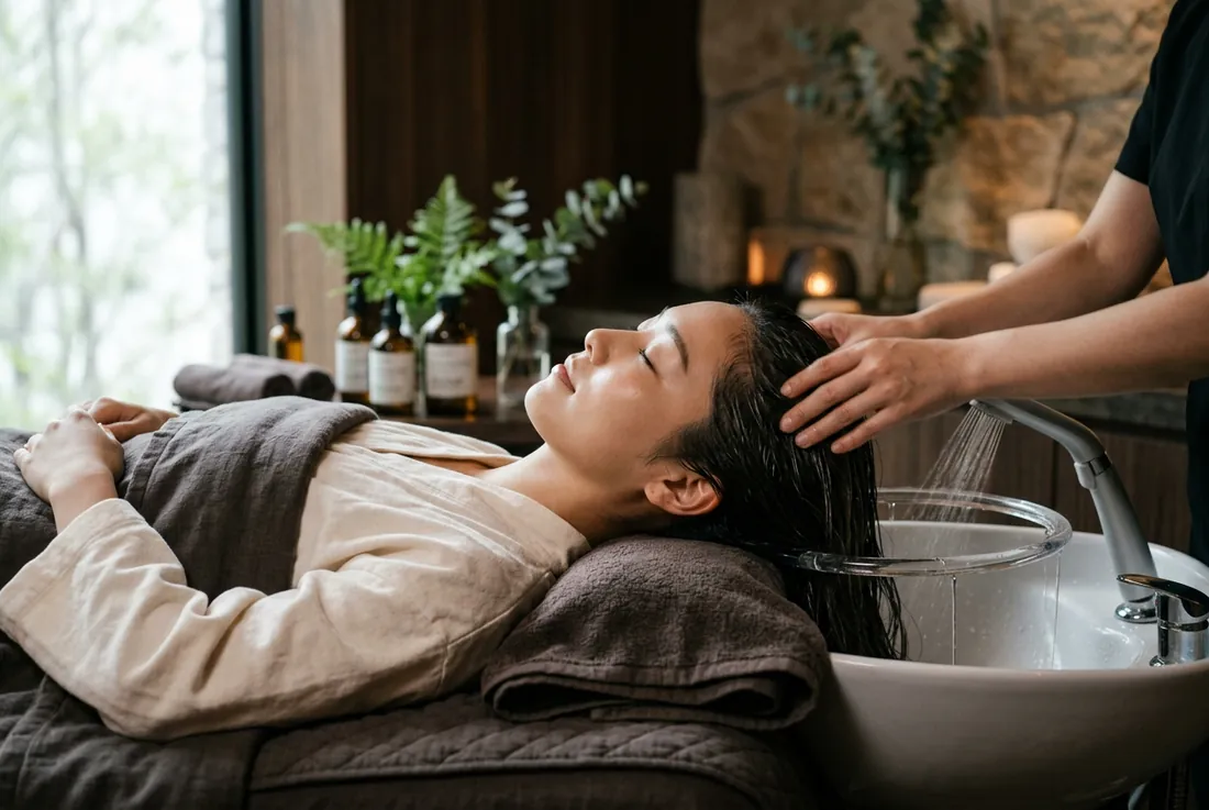 spa, head-spa ritual, eyes closed, calm