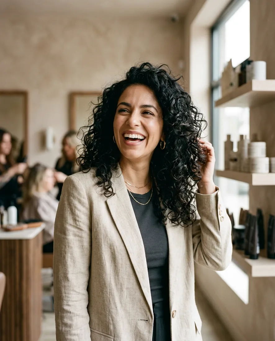 stylist portrait, Daniela mid-laugh, curls, neutral studio, candid editorial crop