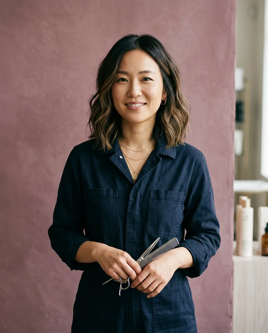 stylist portrait, Soo-Min, soft window light, mauve backdrop, warm editorial portrait