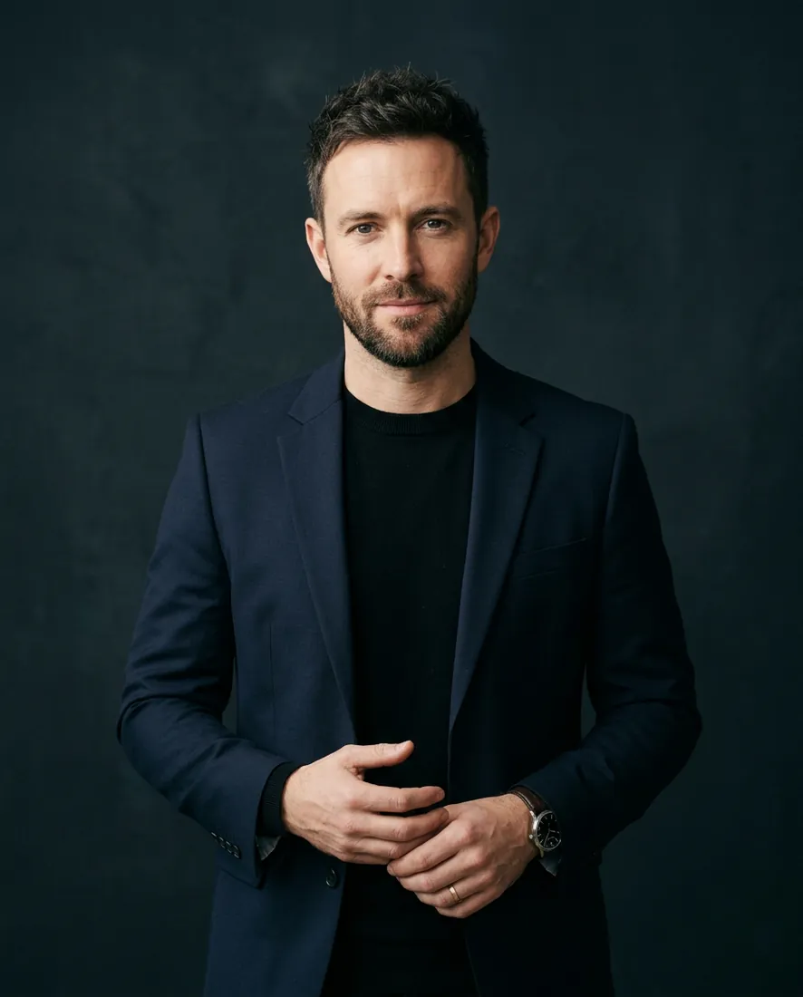 stylist portrait, Theo, clean tailored look, ink-toned backdrop, confident gaze